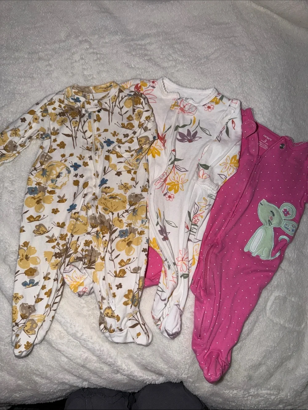 3-Pack Baby Girls Floral and Pink Footed One-Piece Sleepers